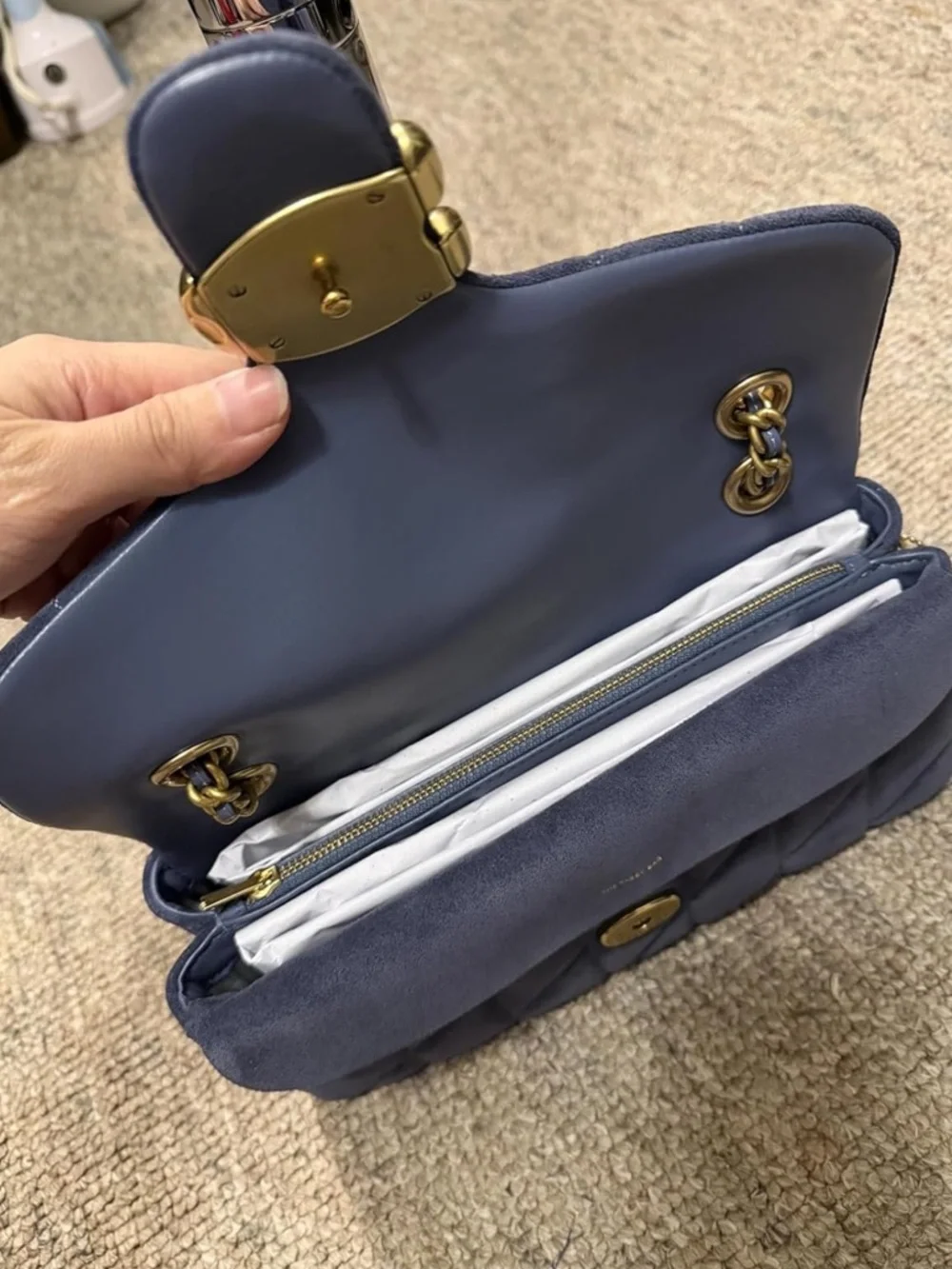 Coach Tabby 26 Quilted Blue Suede Shoulder Bag with Gold Hardware - New